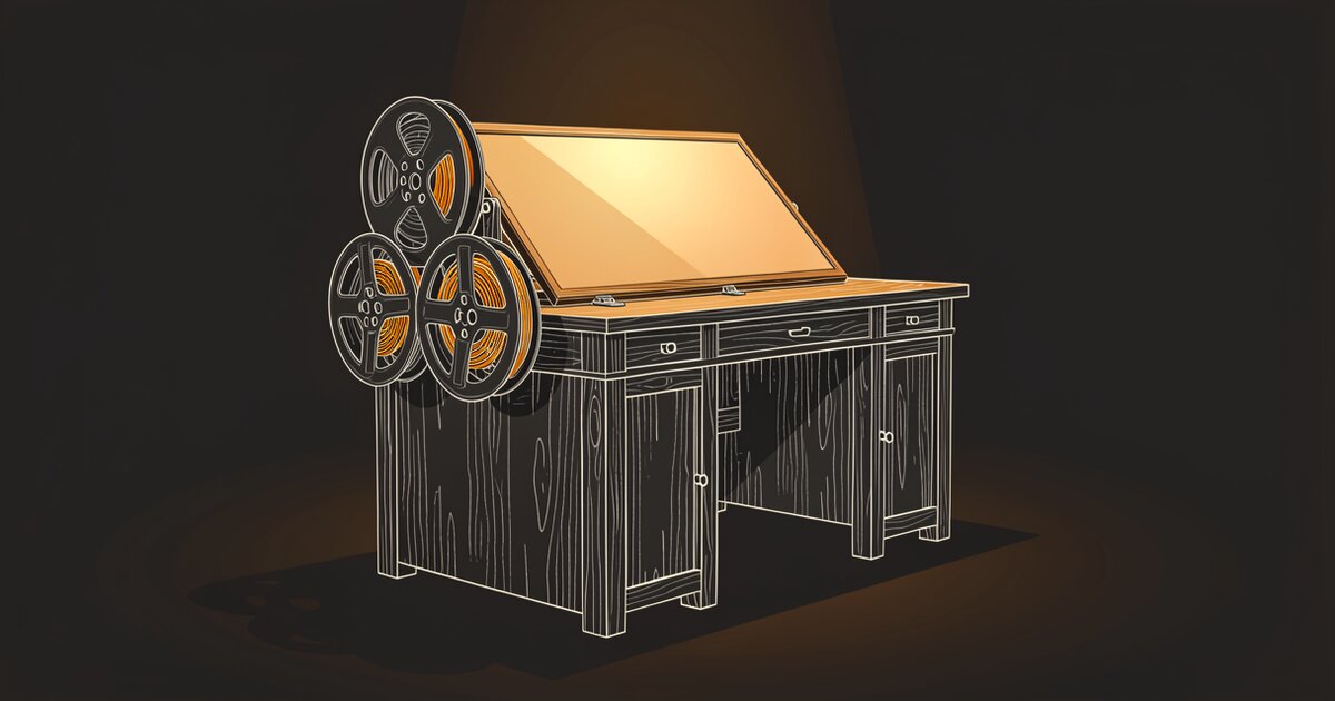 Line drawing of a heavy wooden desk with film reels mounted on its side. The slanted reading plate on top glows orange from within; the reels, the desk body and the floor around it stay dark.