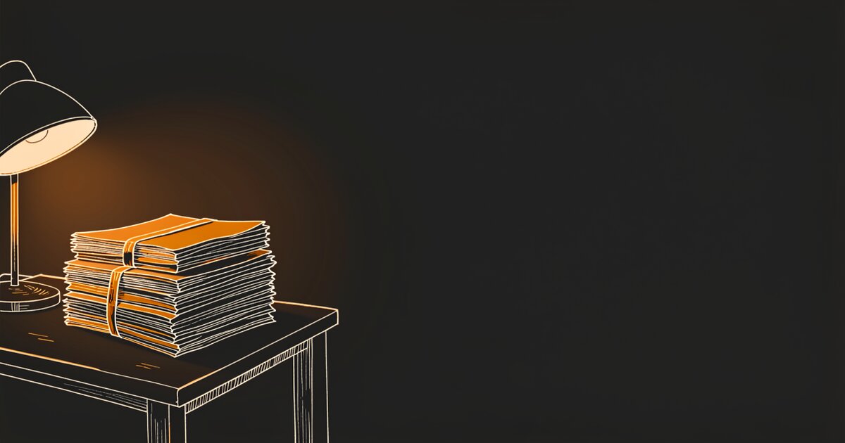 Line drawing of a plain table. Three tied bundles of folded paper are stacked at the left, seen edge-on, lit orange by a small lamp beside them; the right half of the frame is empty and dark.