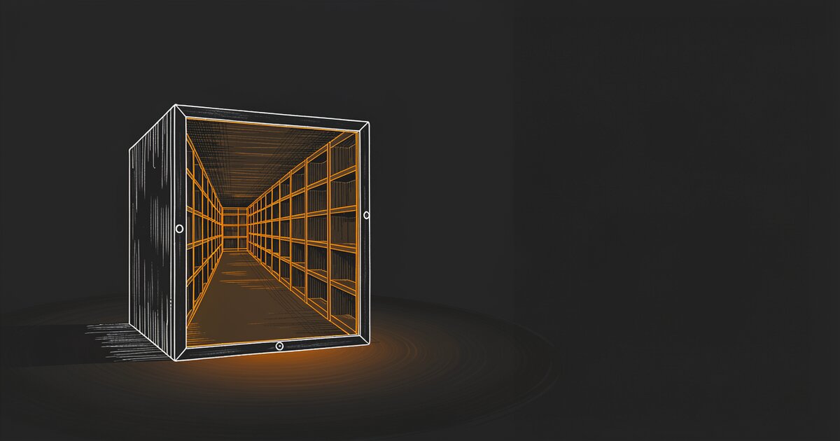 Line drawing of a small metal cabinet standing open on a dark floor. Through its open front the interior reads as a deep hall of shelving receding much further back than the cabinet's outside could hold, lit orange from within.