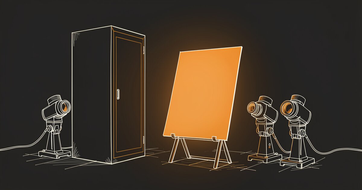 Line drawing of a tall plain cabinet facing a blank sheet of paper on a stand. The sheet is lit from behind and glows orange; four smaller instruments fitted with lenses stand unlit nearby.
