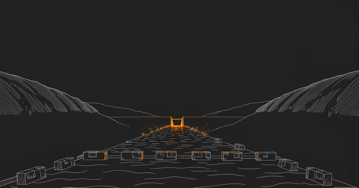 Line drawing of a narrow waterway running into the distance between two dark hillsides. A row of small patched barriers crosses the channel in the foreground, unlit; a single open sluice gate glows orange far upstream.