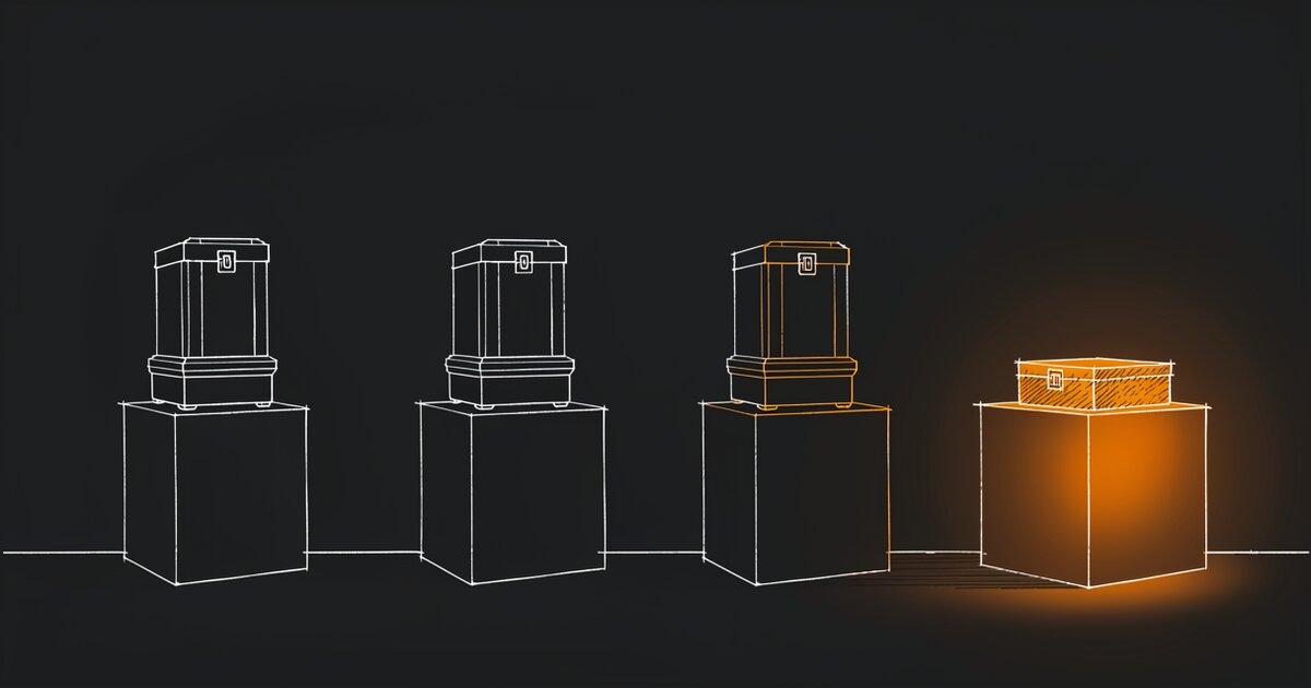 Line drawing of four identical crates on pedestals in a row. The three at the left are drawn in pale outline and unlit; the fourth at the right glows orange.