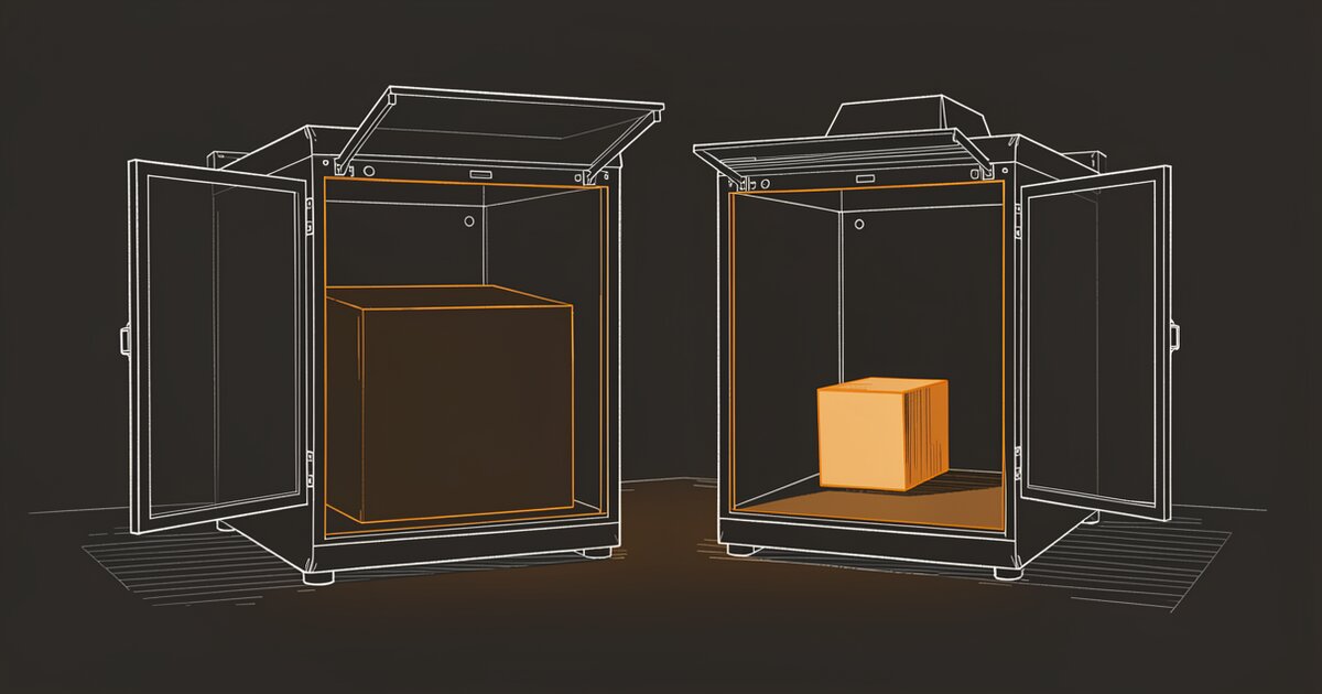 Line drawing of two machines of identical outward shape, each with its doors open. The left one holds a large block filling its bay; the right one holds a much smaller orange block with empty space around it.