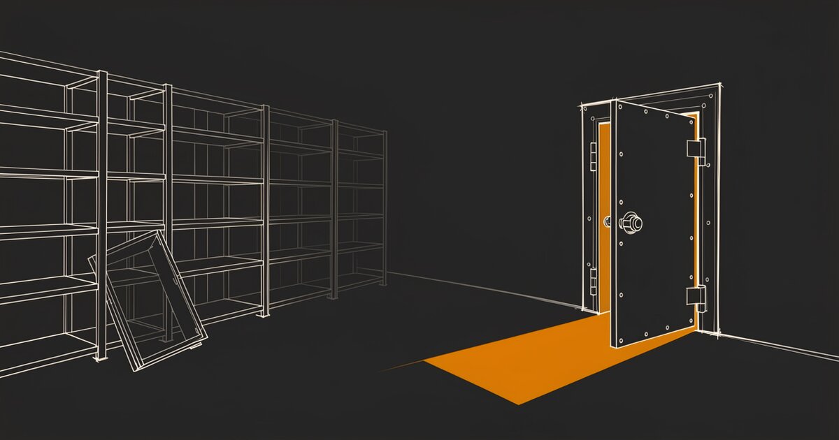 Line drawing of a room with rows of empty steel shelving at the left, some panels fallen against them. At the right a heavy vault door stands ajar with orange light spilling across the floor in a wedge.