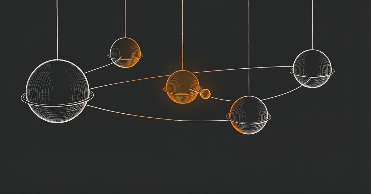 Line drawing of five spherical masses of different size suspended in a dark field and linked by thin orbit lines. One mass glows orange, with a small object caught beside it.