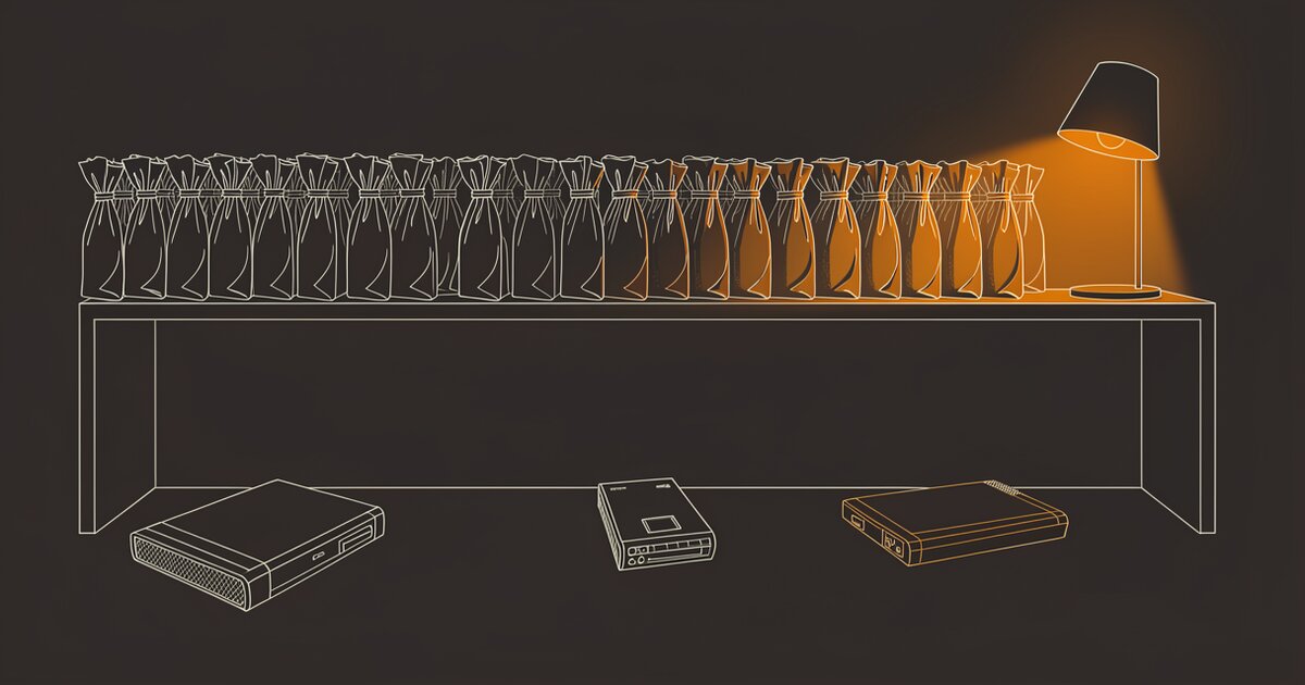 Line drawing of a long shelf packed end to end with tied paper bundles seen edge-on, lit orange at one end by a lamp. Three discarded devices lie unlit on the floor beneath the shelf.