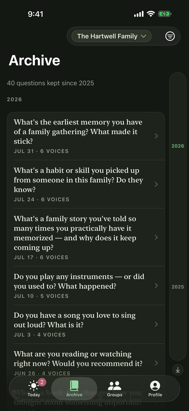 The archive index showing forty questions kept, grouped by year, with a year scrubber and the number of voices recorded on each question