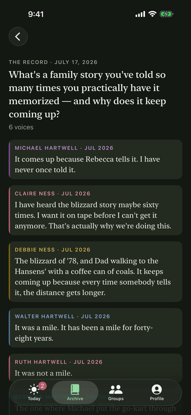 Six family members' answers to one question, revealed together, each in its own color - three generations disagreeing about how far Grandpa walked in the blizzard of 1978