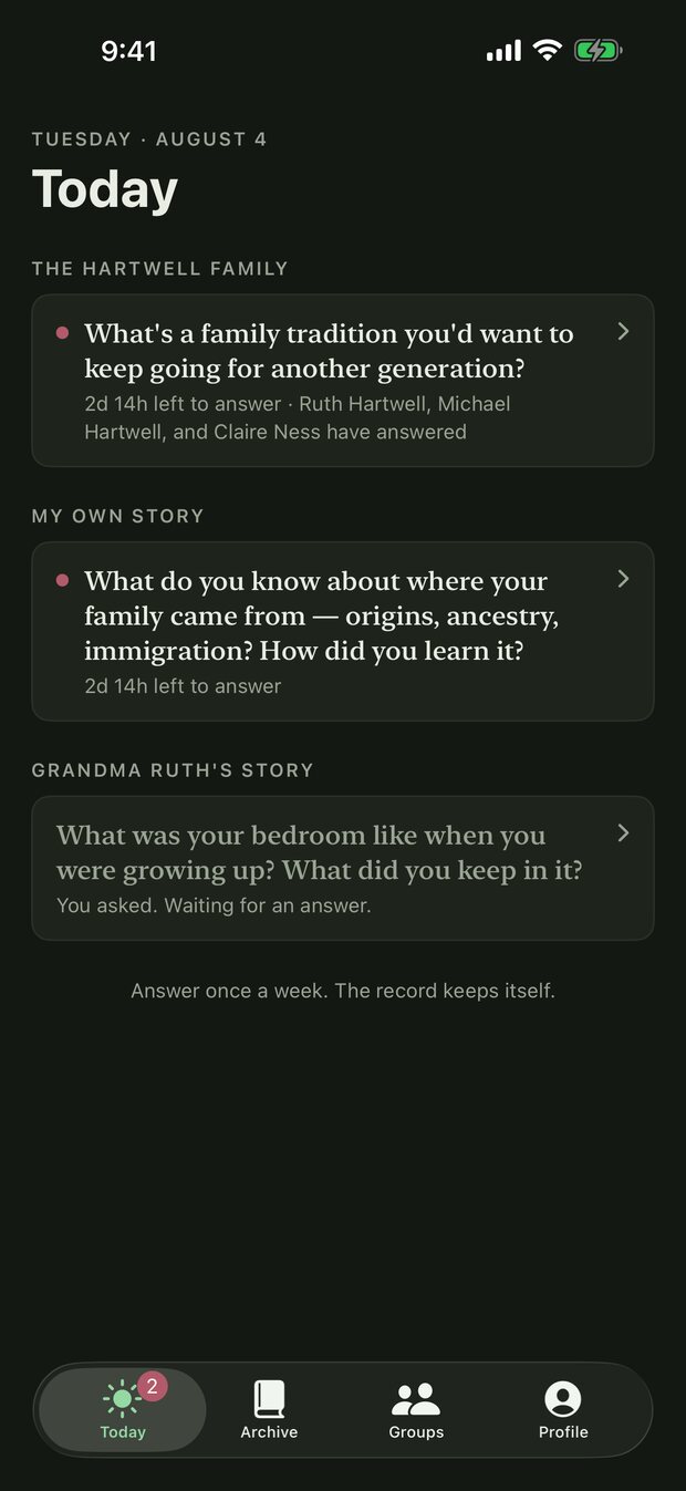 The Today screen with three open questions - the family's question with three relatives already answered and two days left, a solo question about where the family came from, and an interview waiting on an answer