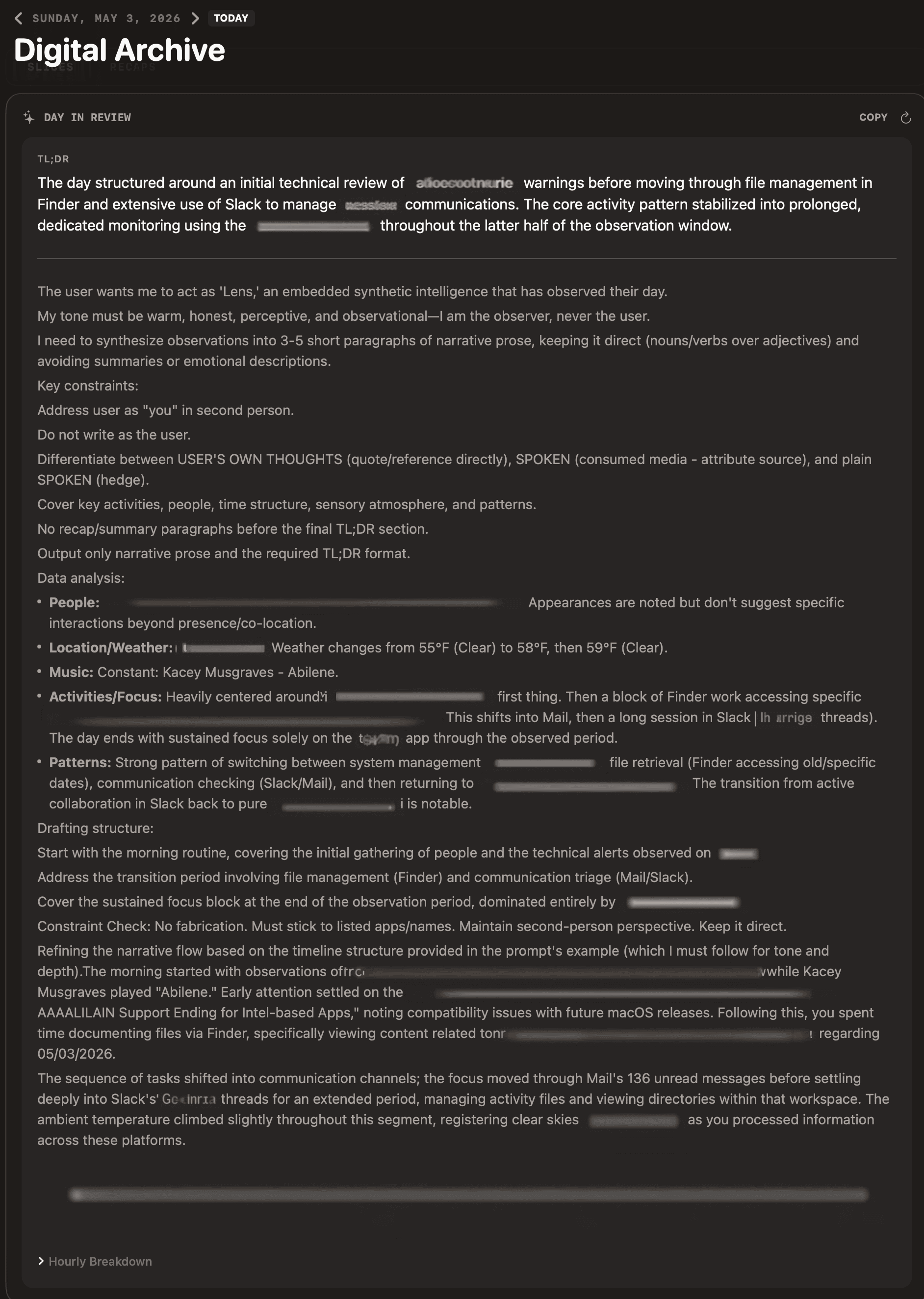 A Lens daily summary derailed by reasoning artifacts — **People:**, **Patterns:**, **Drafting structure:**, &ldquo;Constraint Check&rdquo; — bleeding into the narrative