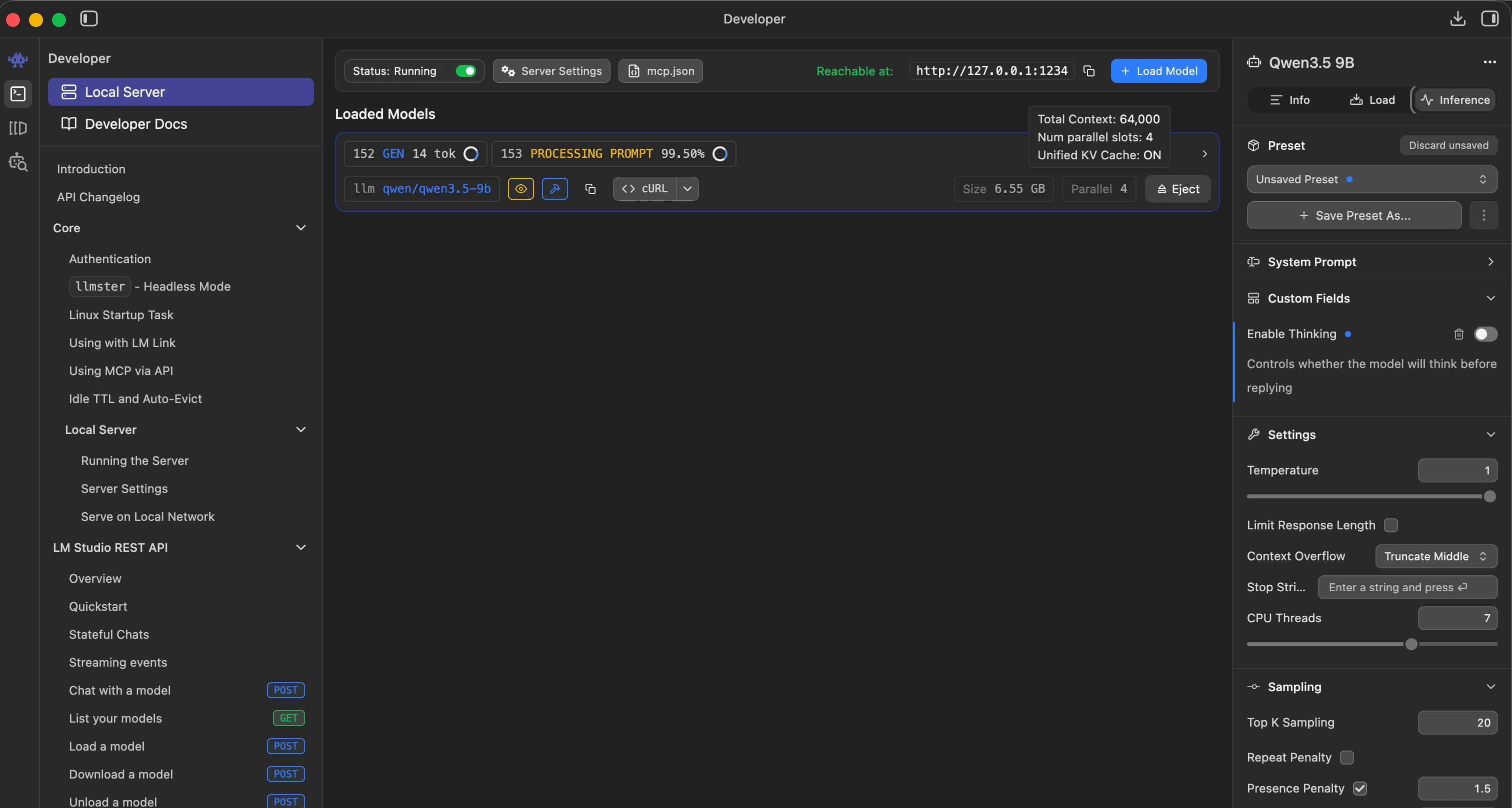 LM Studio&rsquo;s Inference panel — Enable Thinking toggle and the sampler stack live here, per model