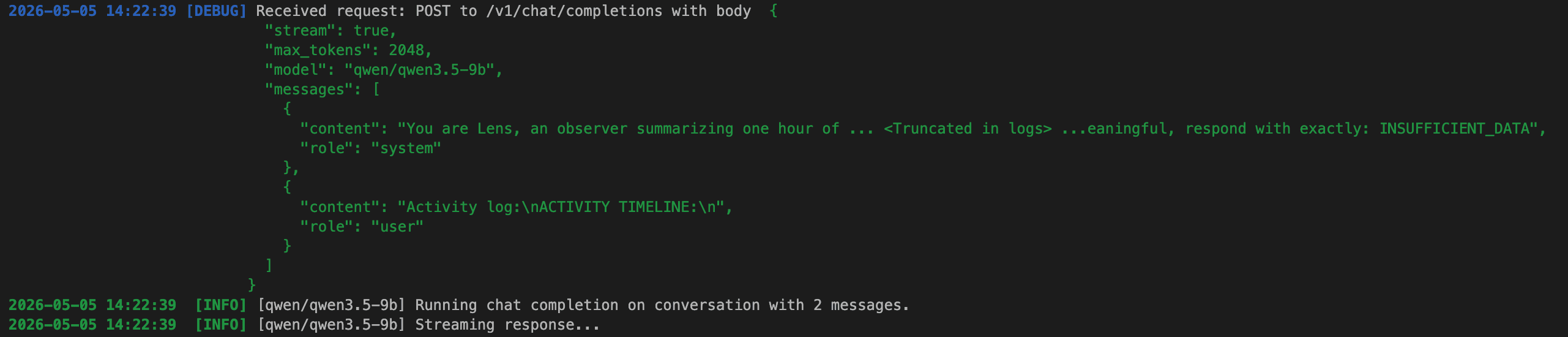 LM Studio&rsquo;s Server log on the same request — "model": "qwen/qwen3.5-9b", plus the system/user role split that small models depend on