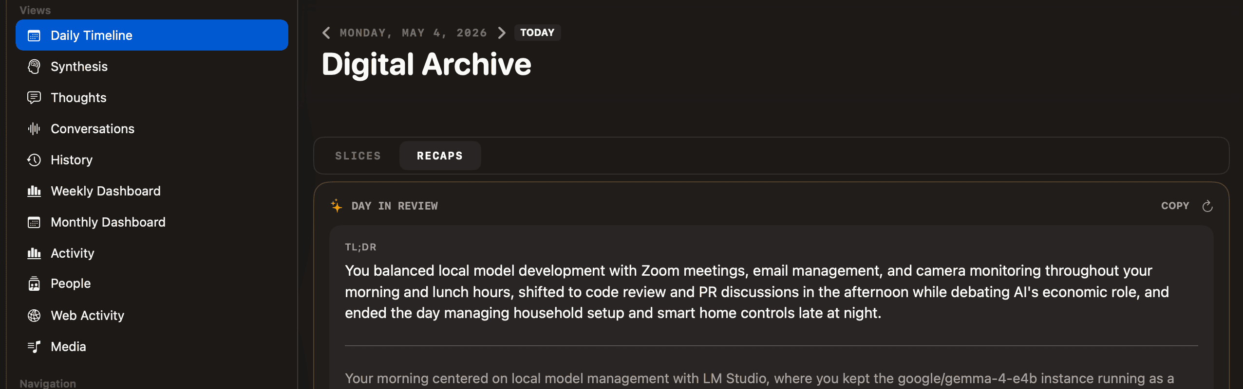 Same app, same machine, different model: a clean Day-in-Review TL;DR after switching from Gemma to Qwen 3.5 9B