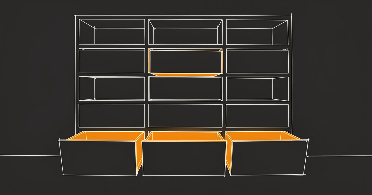 Line drawing of a wall of identical drawers arranged in bands. The bottom band is pulled wide open and glows orange inside; the bands above it are closed and dark.