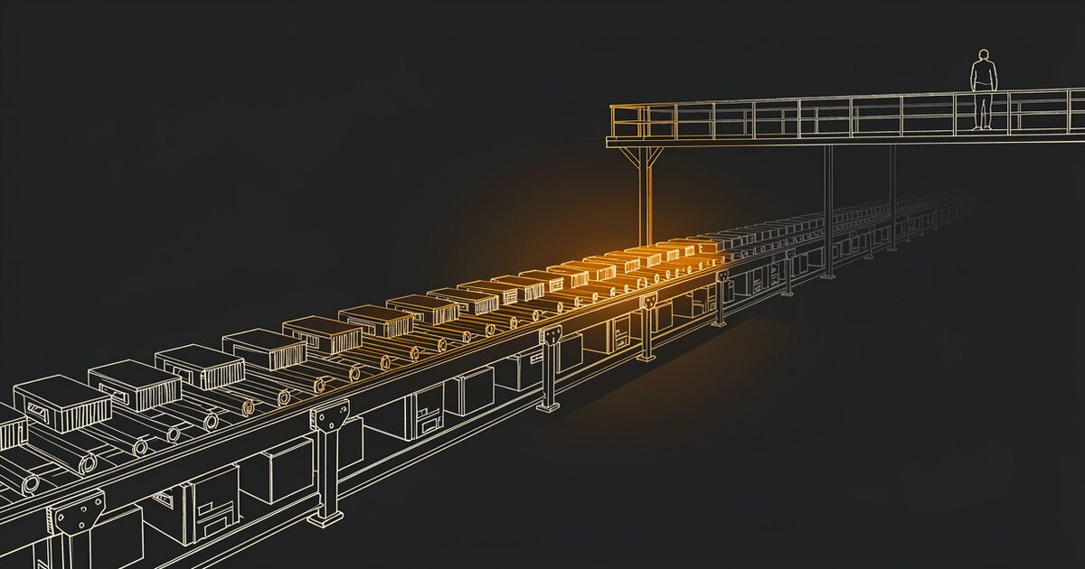 Line drawing of a long assembly line running away into the dark, its boxes crowded together and glowing orange along one stretch. A small figure stands in silhouette on a catwalk high above, looking down at it.