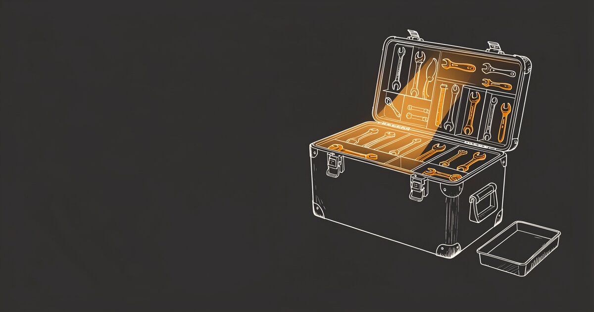Line drawing of an open toolbox seen from above and to one side. The tools inside sit in cut compartments that fit each one exactly, outlined in orange; the box body and the floor stay dark.
