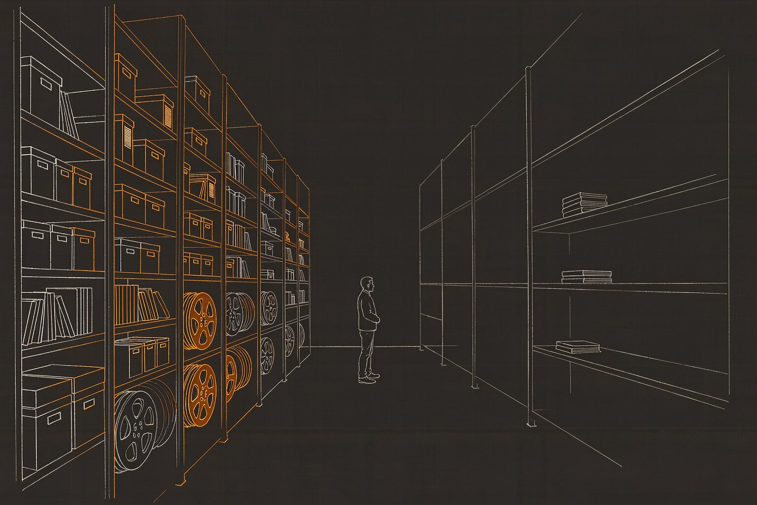 Line drawing of an archive room. The shelves on the left are crowded with boxes, books, and film reels, many outlined in orange; the shelves on the right are nearly empty, holding a few thin books. A single figure stands in the aisle between them.
