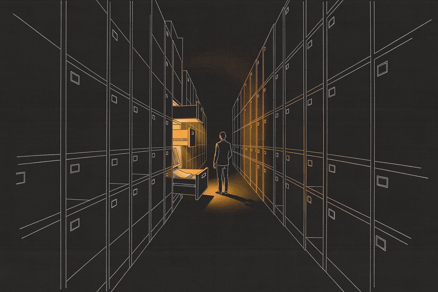 A person stands in a dark aisle between tall banks of filing cabinets. One drawer beside them is pulled open, its interior glowing orange and lighting the floor; every other drawer is closed and dark
