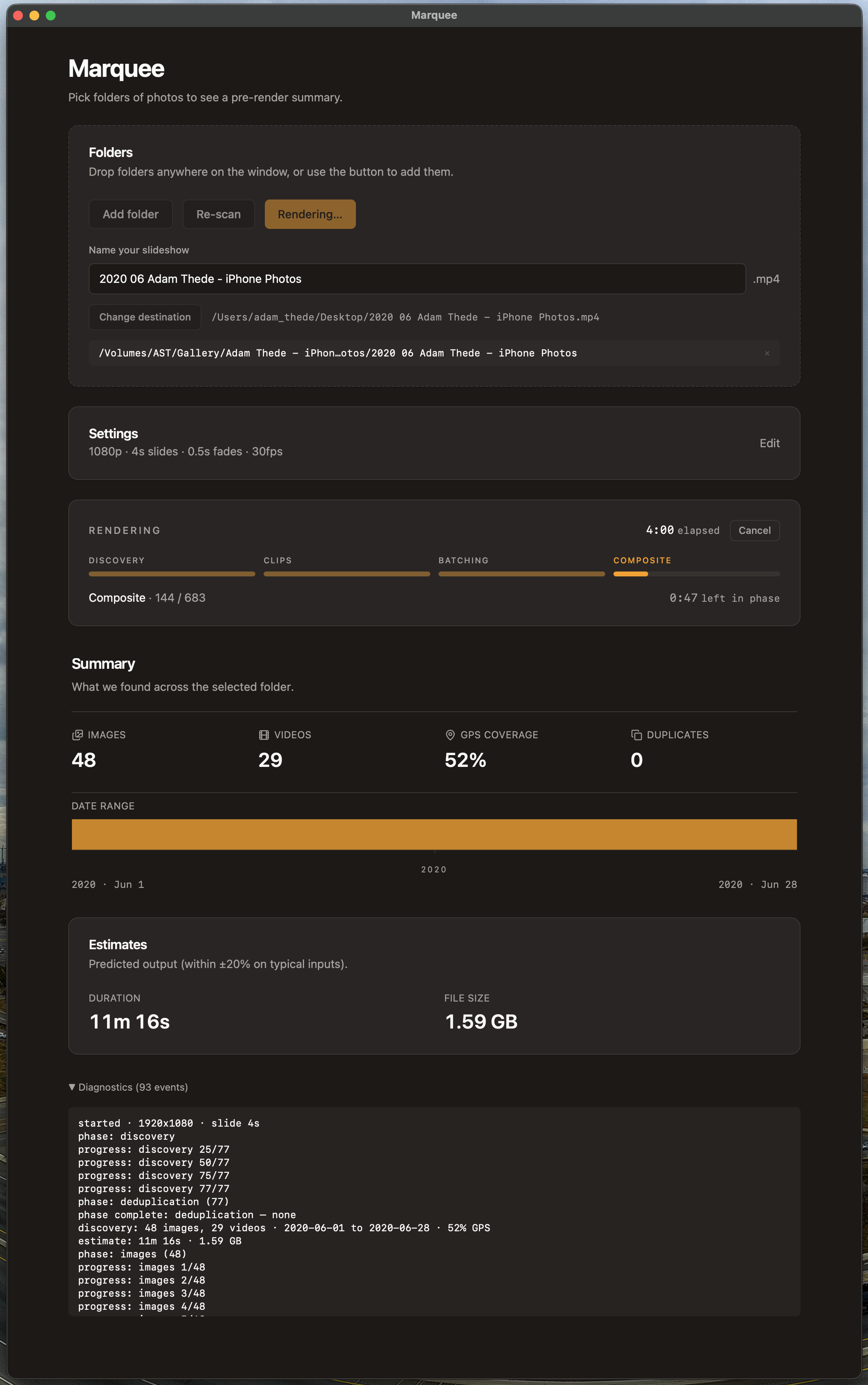 Live render progress with the four-phase pipeline, elapsed time, per-phase ETA, and cancel