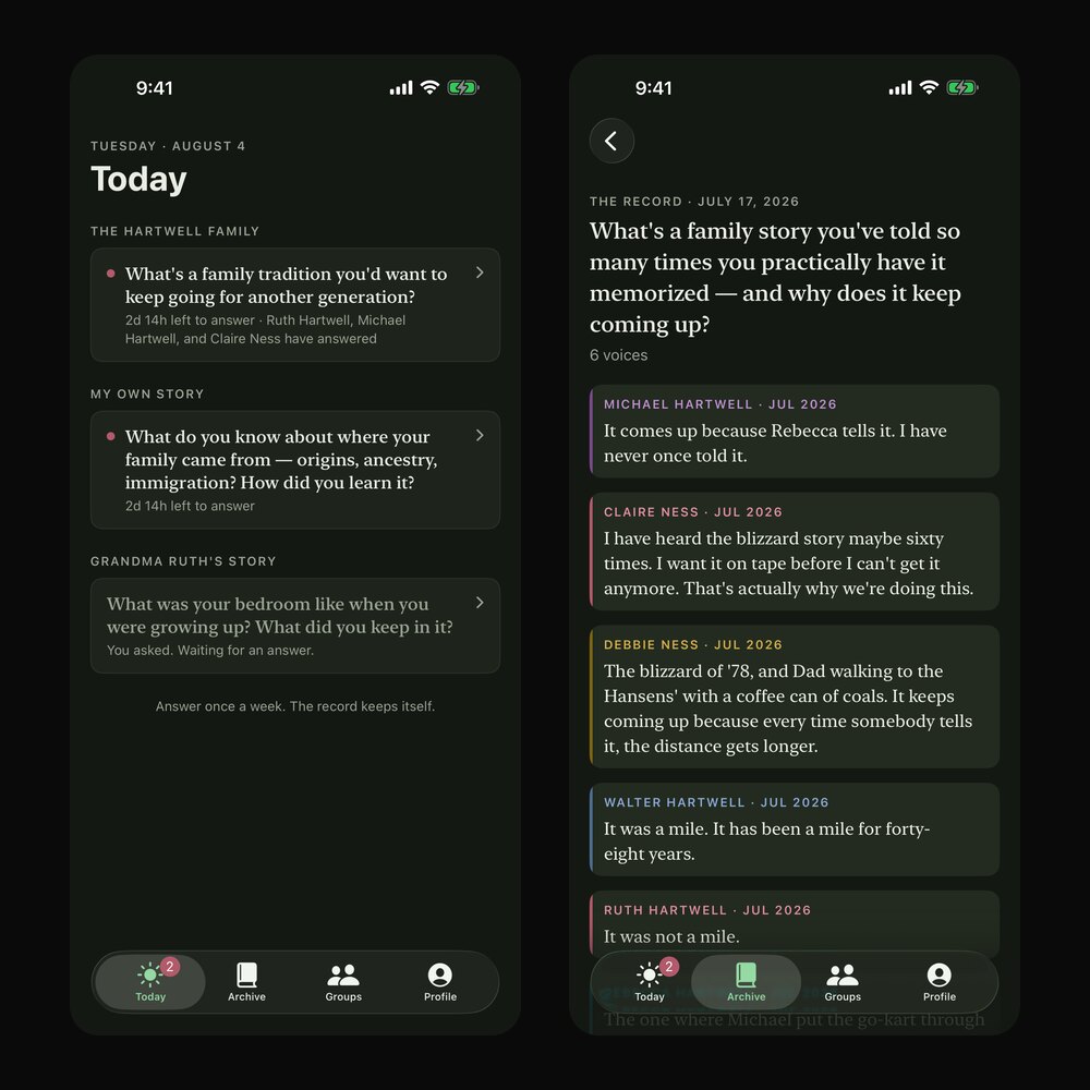 Two iPhone screens side by side - the week's open question with three relatives already answered, and six answers to one question revealed together, each in its own color