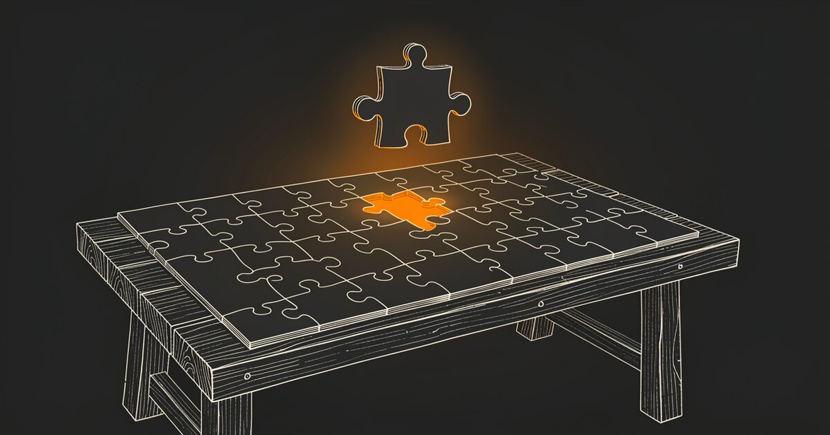 Line drawing of a jigsaw puzzle on a workbench, its pieces blank with no picture on them. One piece hangs in the air above the single gap left for it, and the gap glows orange.