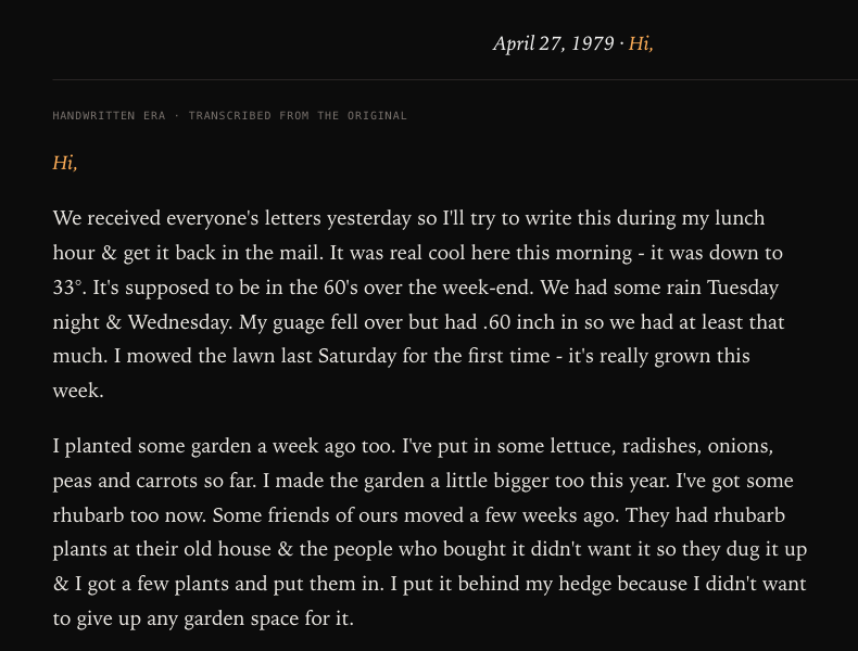 The first letter in the archive - April 27, 1979, handwritten era, transcribed from the original. The rain gauge fell over but held .60 inch, the lawn got its first mow of the year, and the garden took in lettuce, radishes, onions, peas and carrots