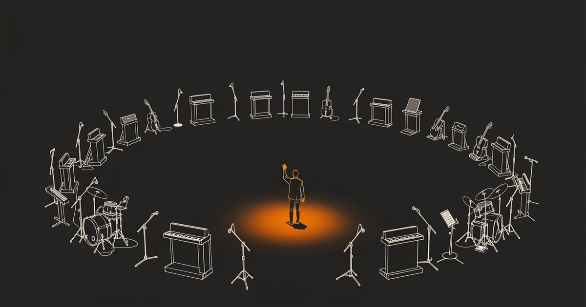 Line drawing of a wide ring of empty stands and idle instruments on a dark floor, seen from behind a small figure standing at the centre on a low podium lit orange.