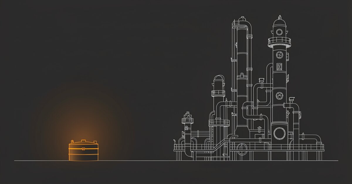 Line drawing of a tall refinery of pipes and towers at the right, drawn in pale outline and unlit. A single small sealed tank sits low at the left, glowing orange.