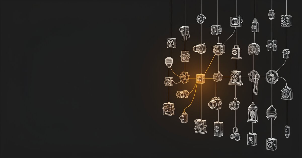 Line drawing of two dozen small mismatched mechanisms hanging on cords, each a different shape. One near the centre glows orange and the cords leaving it catch the light.