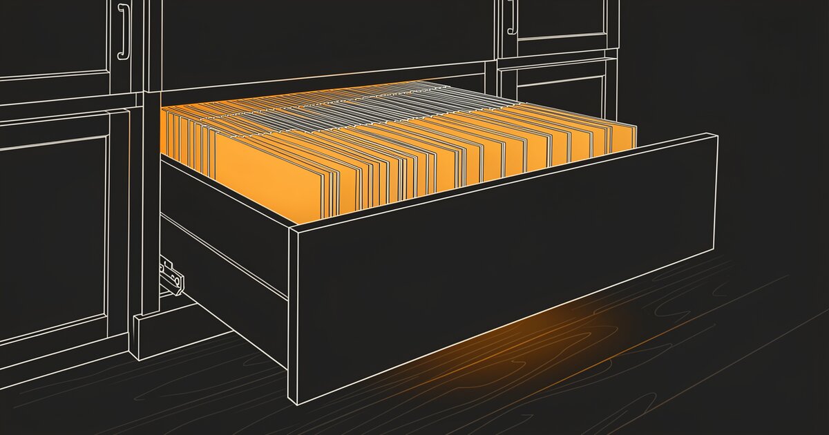 Line drawing of a deep drawer pulled out of a cabinet, packed front to back with tabbed dividers seen edge-on and glowing orange; the cabinet body and the floor stay dark.