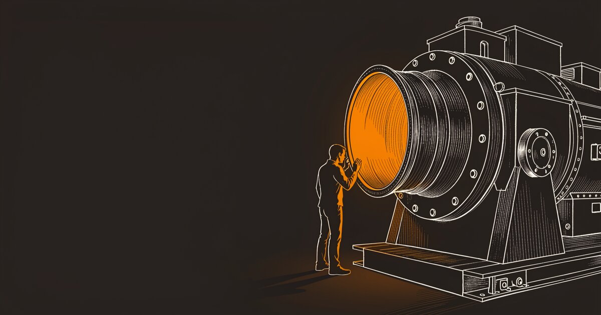 Line drawing of a very large machine with a wide circular intake glowing orange. A small figure stands in silhouette beside it, leaning in close to the opening.